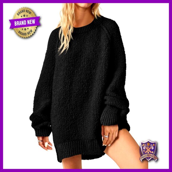 Oversized Fuzzy Crew Neck Sweater Long Sleeve Slouchy Casual Tunic Pullover